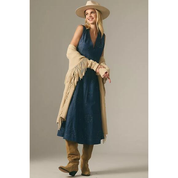 BY ANTHROPOLOGIE Grommet Denim Midi Dress Western Rodeo Flare Studded Size 4P - Picture 2 of 12